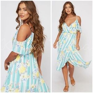 Mint floral striped cold-shoulder dress